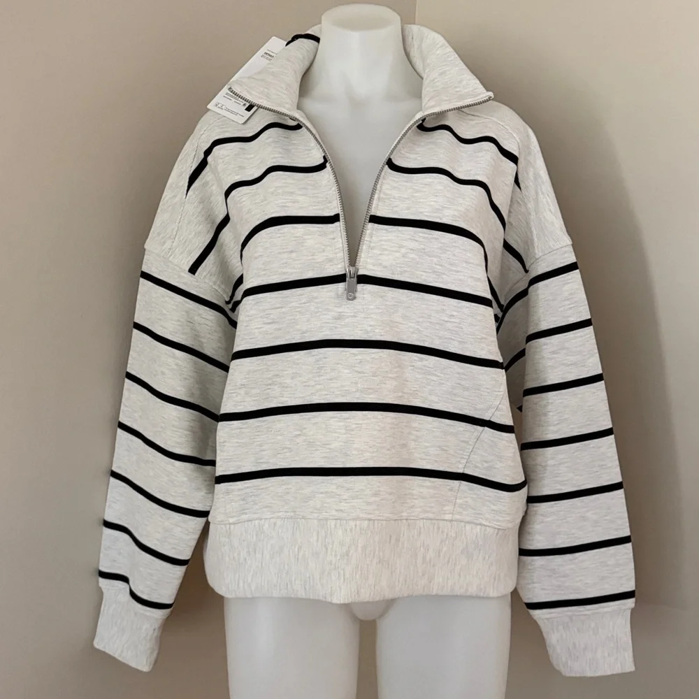 (NWT) CALIA Soft Scuba Ottoman Mock Neck 1/4 Zip in Cloud Cover Heather Stripe - Picture 15 of 16